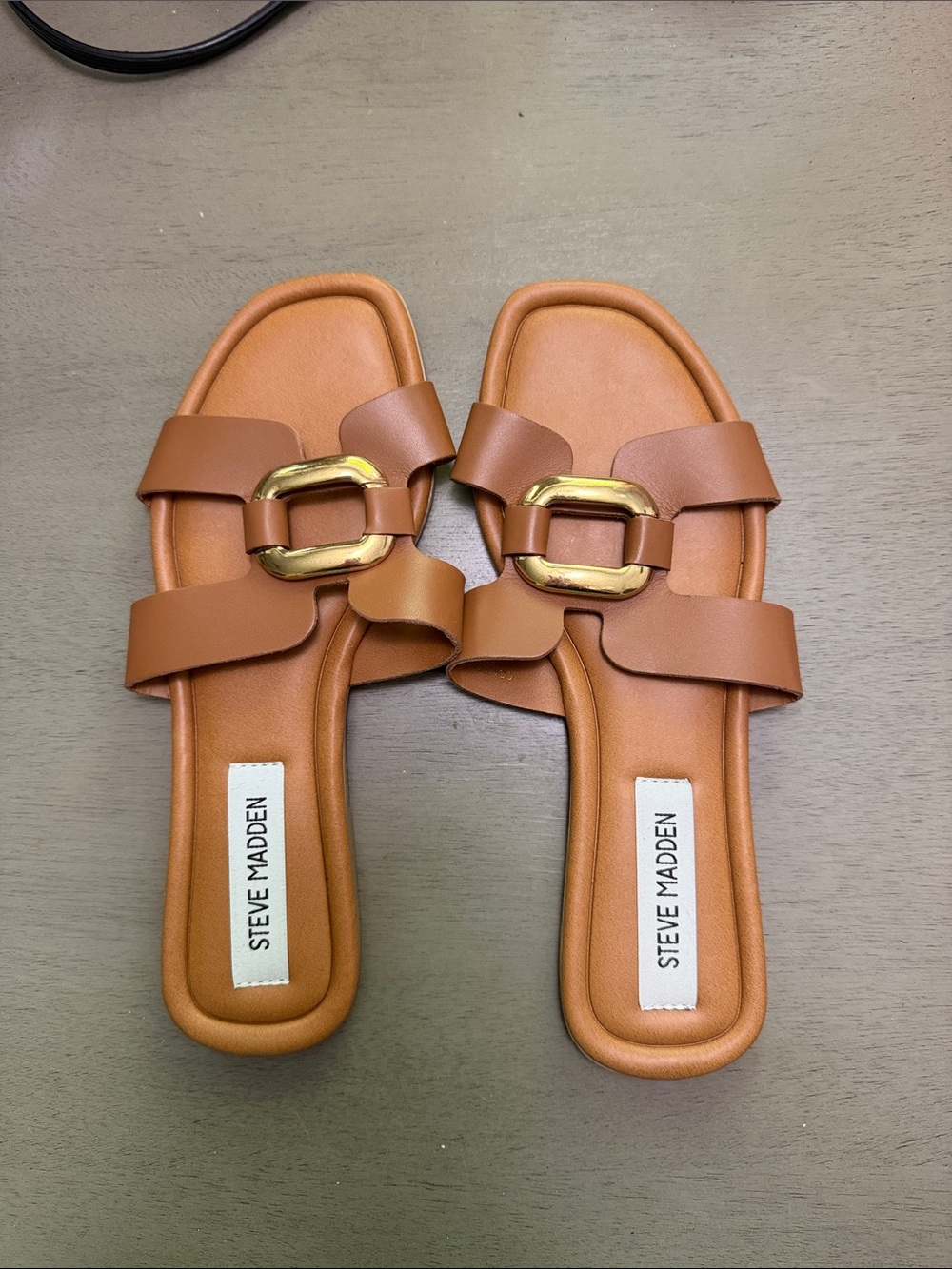 Steve Madden Cognac Slide Sandals with Gold Buckle
